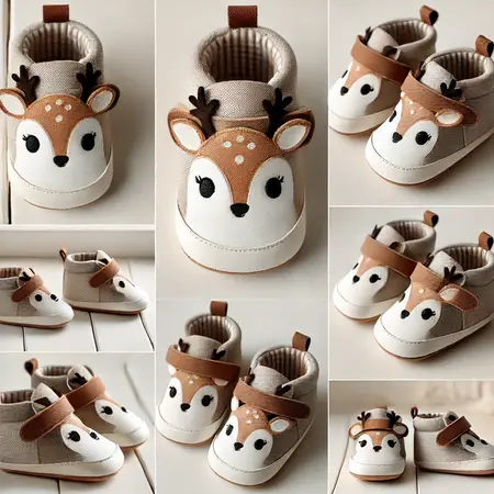 A high-quality, detailed image set of baby deer shoes from different angles.