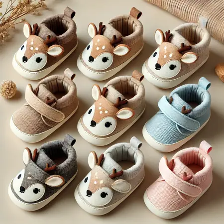 A high-quality, detailed image set of baby deer shoes from different colors.